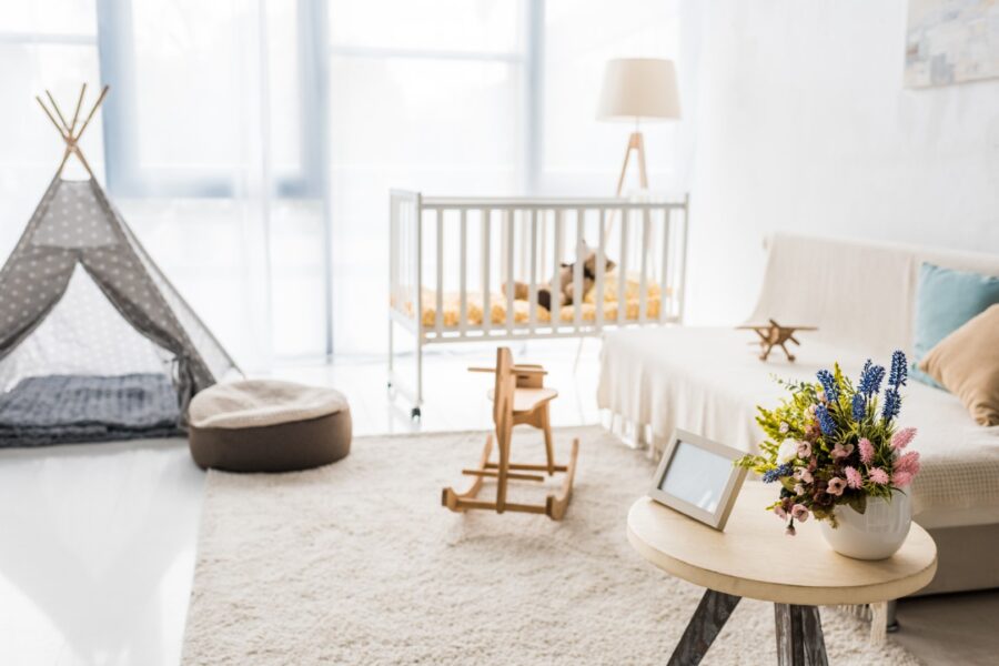 Modern Interior Design Of Nursing Room With Crib And Baby Wigwam