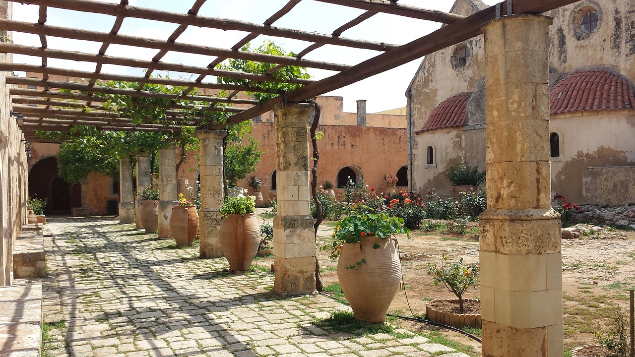 crete, monastery, pergola