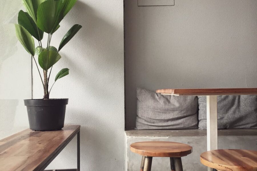 wooden bench and stools in a cozy room