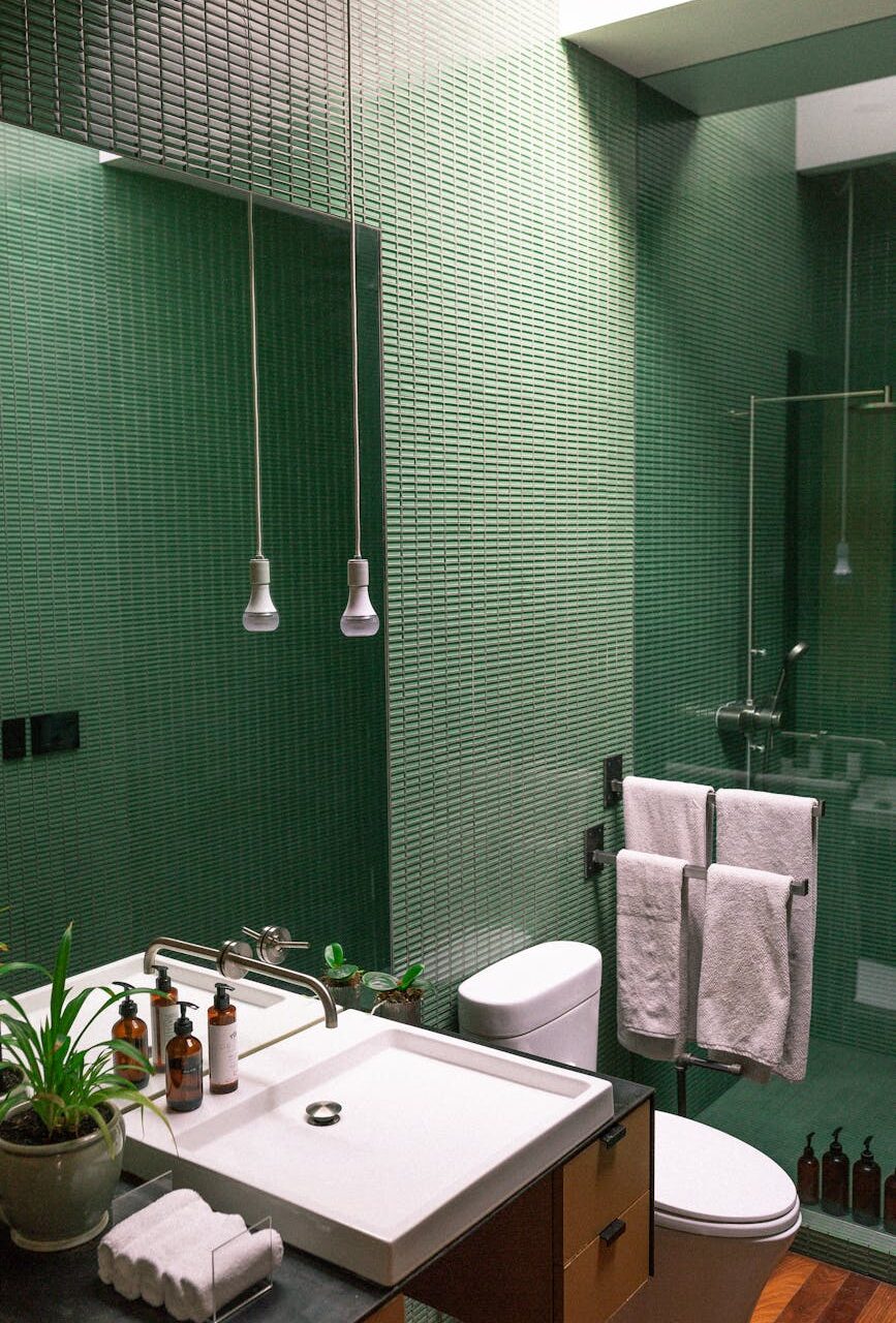 bathroom with tiled walls and a potted plant