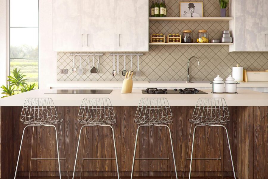 Chic minimalist kitchen design featuring wooden accents and modern bar stools.