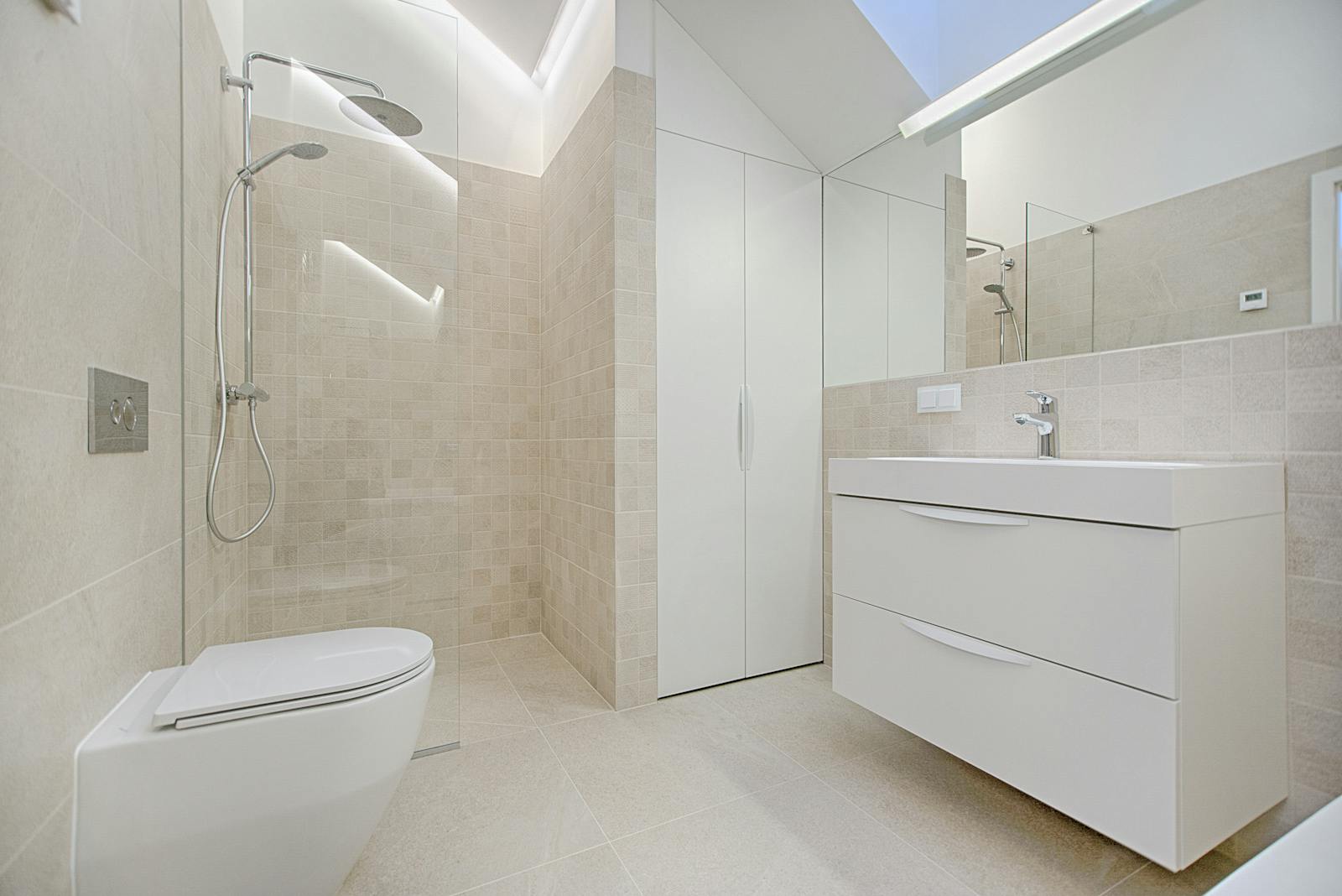 Bright and luxurious bathroom with contemporary fixtures and sleek design.