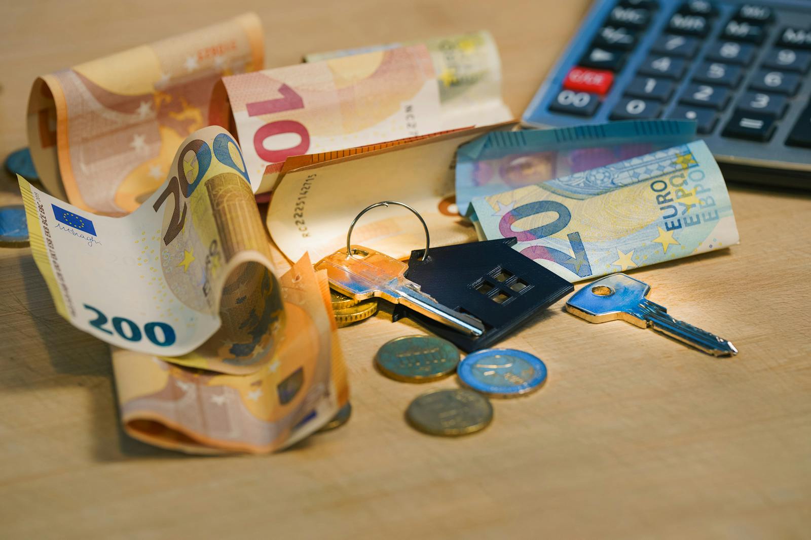 Euro banknotes and coins with house keys on a table symbolize finance and real estate.